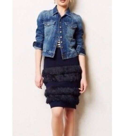 NWOT Eva Franco blue knee length skirt with tiered fringe accent, 10 - Picture 3 of 8